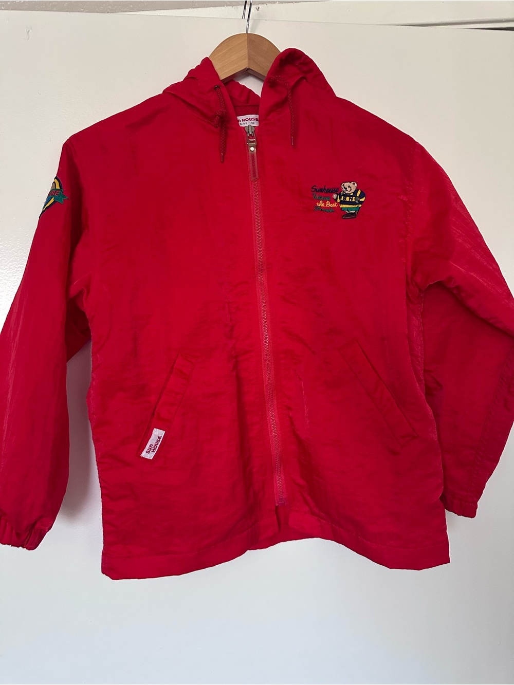 Vintage Sun House Kids Red Hooded Windbreaker with Front Zip